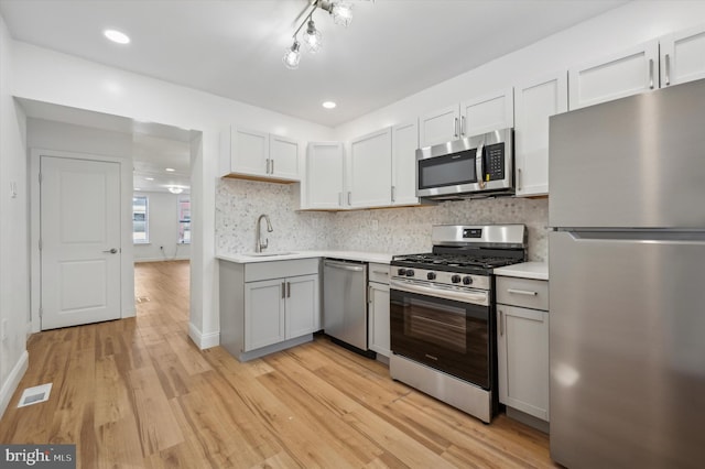 kitchen with appliances with stainless steel finishes, light wood-type flooring, backsplash, sink, and white cabinets