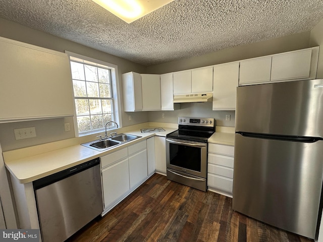 8579 Nursery Rd, Lusby, MD 20657 - kitchen featuring appliances with stainless steel finishes, under cabinet range hood, a sink, light countertops, and a textured ceiling