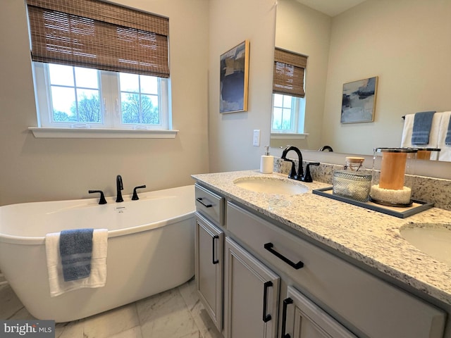 bathroom featuring a tub, a wealth of natural light, and vanity