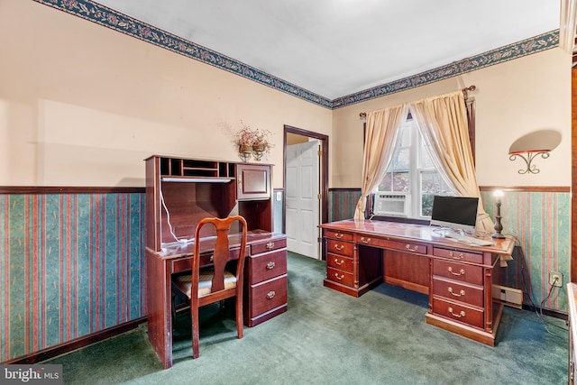 carpeted office with cooling unit and a baseboard heating unit