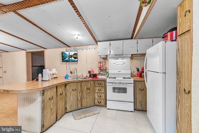 kitchen featuring kitchen peninsula, beam ceiling, white appliances, and sink