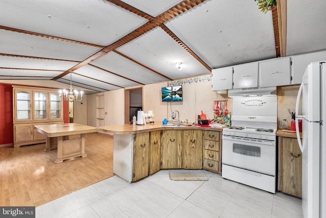 kitchen featuring light wood-type flooring, white appliances, sink, lofted ceiling with beams, and decorative light fixtures