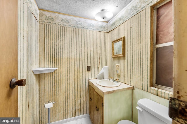 bathroom featuring vanity, a textured ceiling, toilet, and wood walls