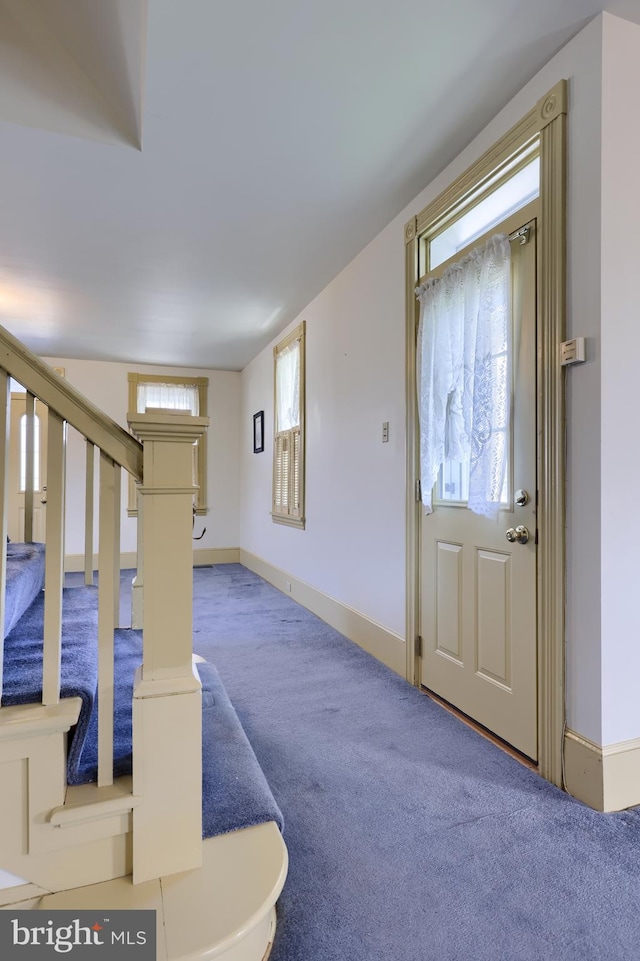 carpeted foyer with a healthy amount of sunlight