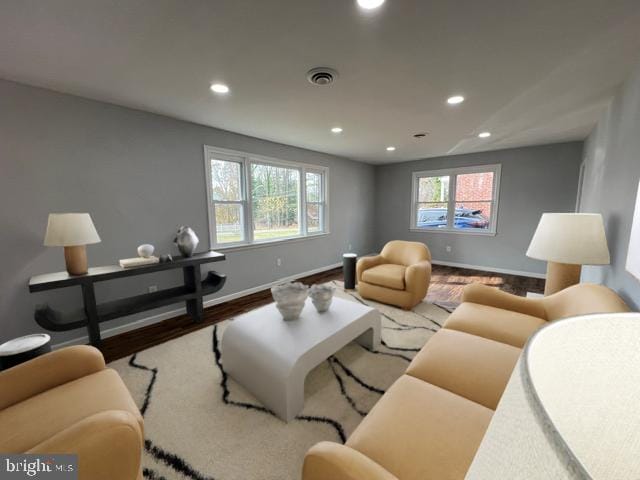 living room featuring light wood-type flooring and a wealth of natural light