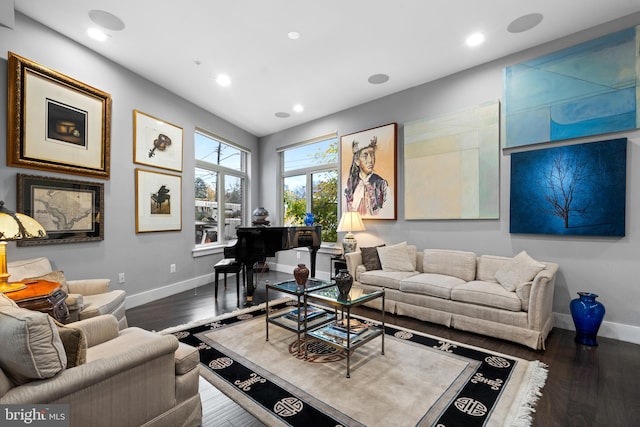 living room featuring dark wood-type flooring