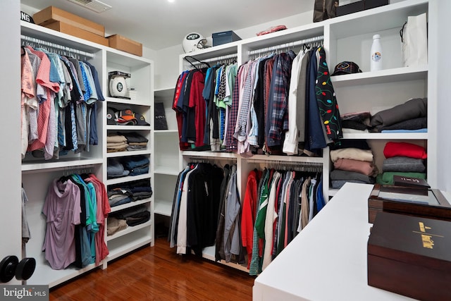 walk in closet with dark wood-type flooring