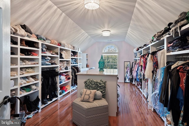 walk in closet featuring hardwood / wood-style floors and vaulted ceiling