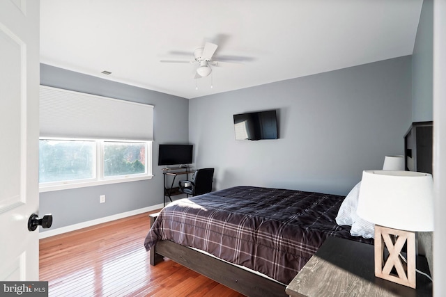 bedroom with ceiling fan and wood-type flooring