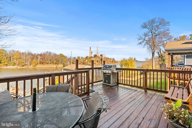 wooden terrace with a water view and a grill