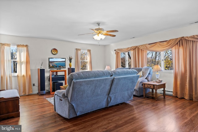 living room featuring ceiling fan, dark hardwood / wood-style flooring, and baseboard heating