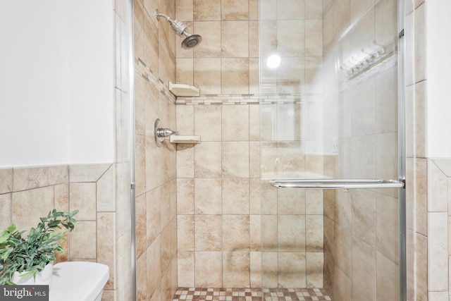 bathroom with separate shower and tub and tile walls