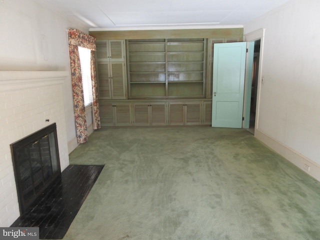 carpeted living room featuring a brick fireplace