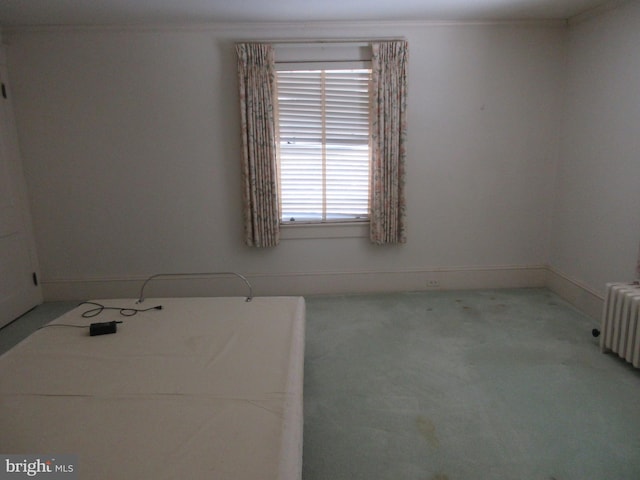 carpeted empty room featuring a wealth of natural light and radiator heating unit