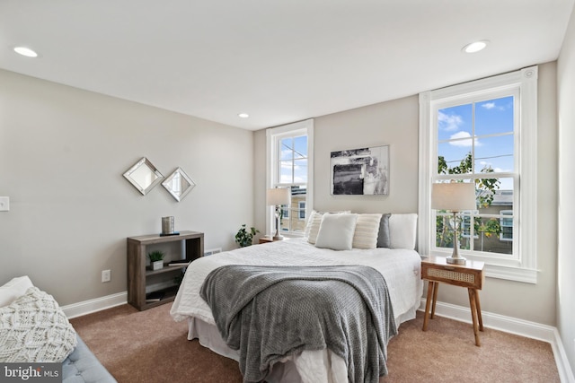 bedroom with carpet and multiple windows