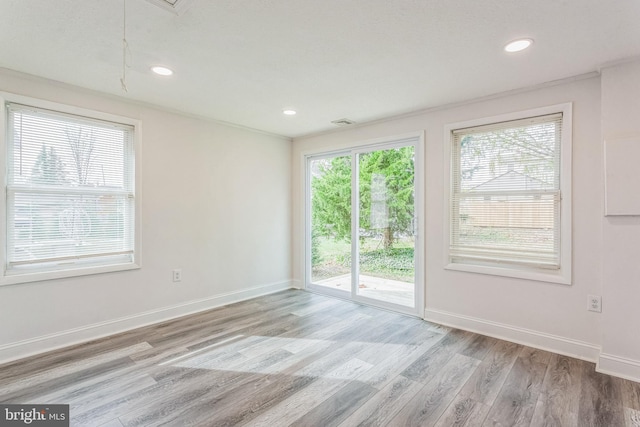 spare room featuring light hardwood / wood-style floors and a wealth of natural light