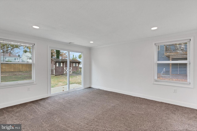 carpeted empty room featuring a textured ceiling and ornamental molding