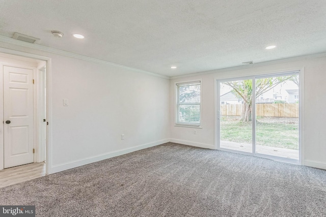 carpeted spare room featuring crown molding and a textured ceiling