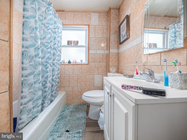 full bathroom with plenty of natural light, toilet, tile walls, and vanity