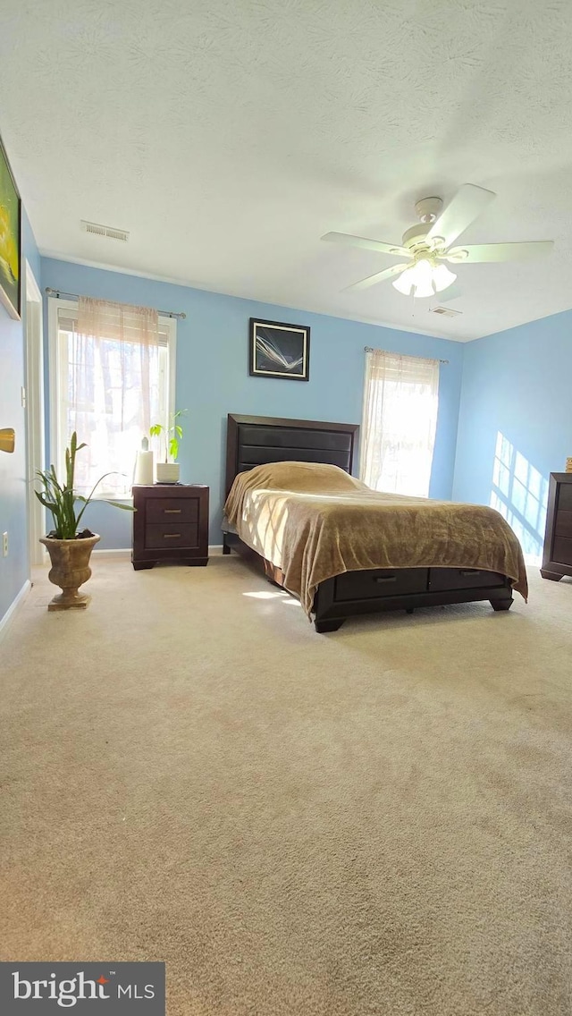 bedroom with multiple windows, ceiling fan, carpet, and a textured ceiling