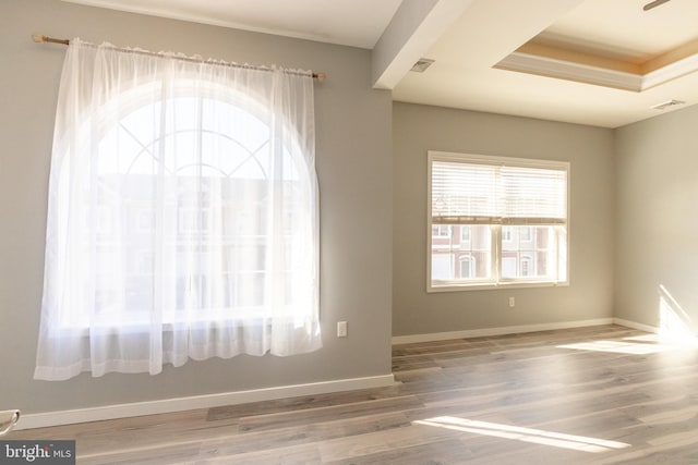 empty room featuring hardwood / wood-style floors and a tray ceiling