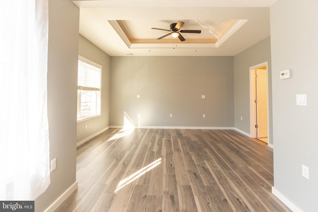 spare room with hardwood / wood-style flooring, ceiling fan, ornamental molding, and a tray ceiling