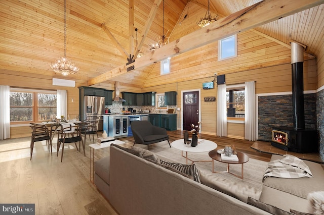 living room featuring high vaulted ceiling, a wood stove, a healthy amount of sunlight, and wood walls