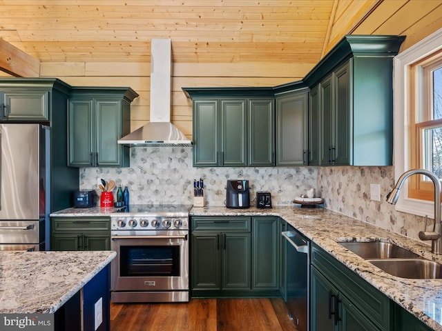 kitchen featuring wooden ceiling, dark wood-type flooring, sink, wall chimney exhaust hood, and stainless steel appliances