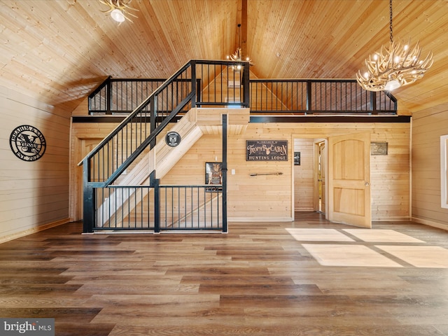 stairs featuring wood ceiling, wood-type flooring, and wooden walls