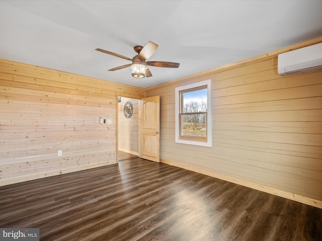 unfurnished room featuring ceiling fan, wood walls, dark wood-type flooring, and a wall mounted AC