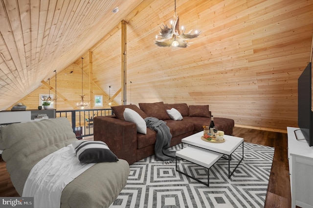 living room with wood ceiling, dark wood-type flooring, wooden walls, high vaulted ceiling, and an inviting chandelier