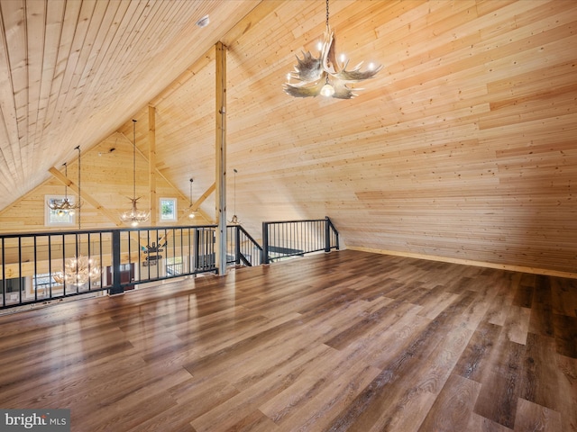 additional living space featuring hardwood / wood-style flooring, wood walls, wood ceiling, and an inviting chandelier