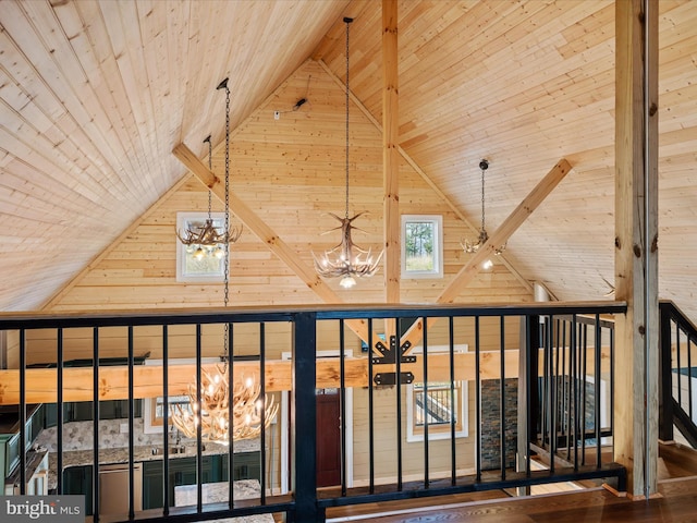 room details featuring wooden walls, an inviting chandelier, and wooden ceiling