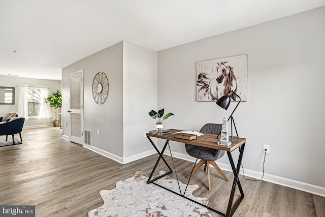 home office with hardwood / wood-style flooring