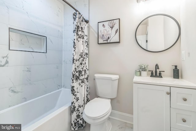 full bathroom with shower / bathtub combination with curtain, vanity, and toilet