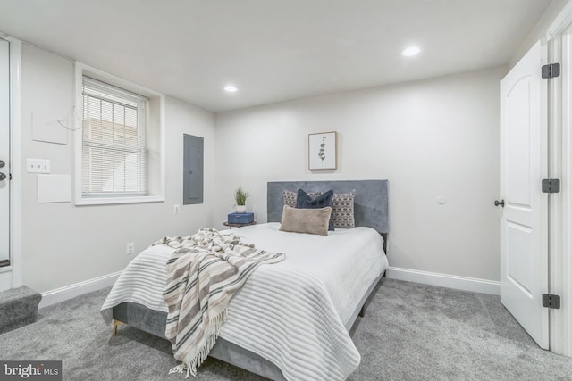 bedroom with light carpet and electric panel