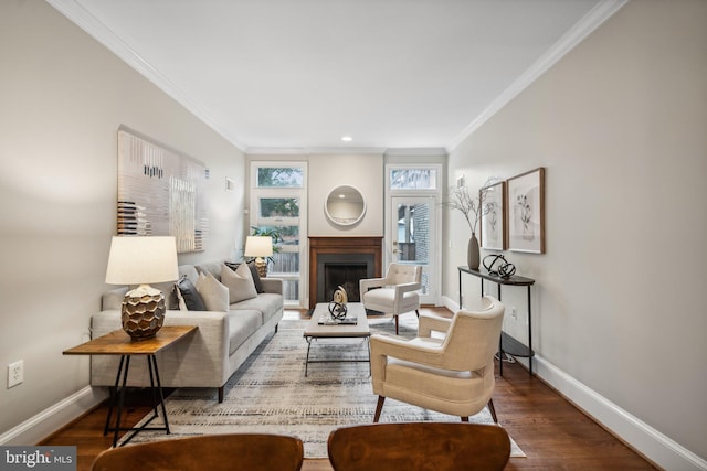 living room featuring wood-type flooring and crown molding