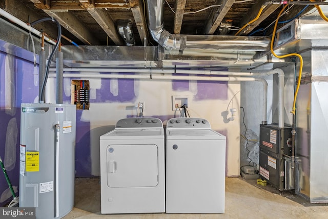 laundry area featuring washing machine and dryer and water heater