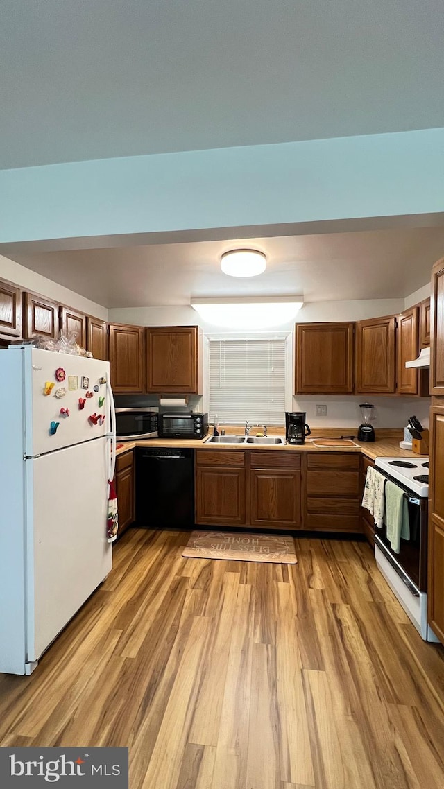 kitchen with black appliances, light hardwood / wood-style floors, sink, and range hood