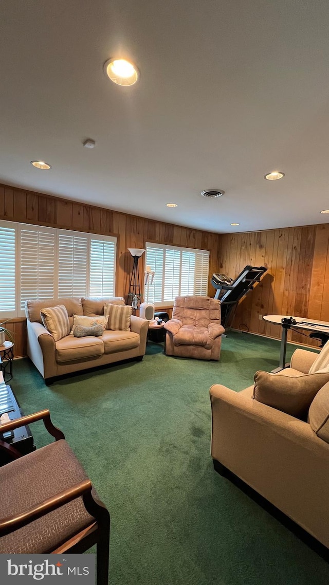 living room with carpet flooring and wood walls