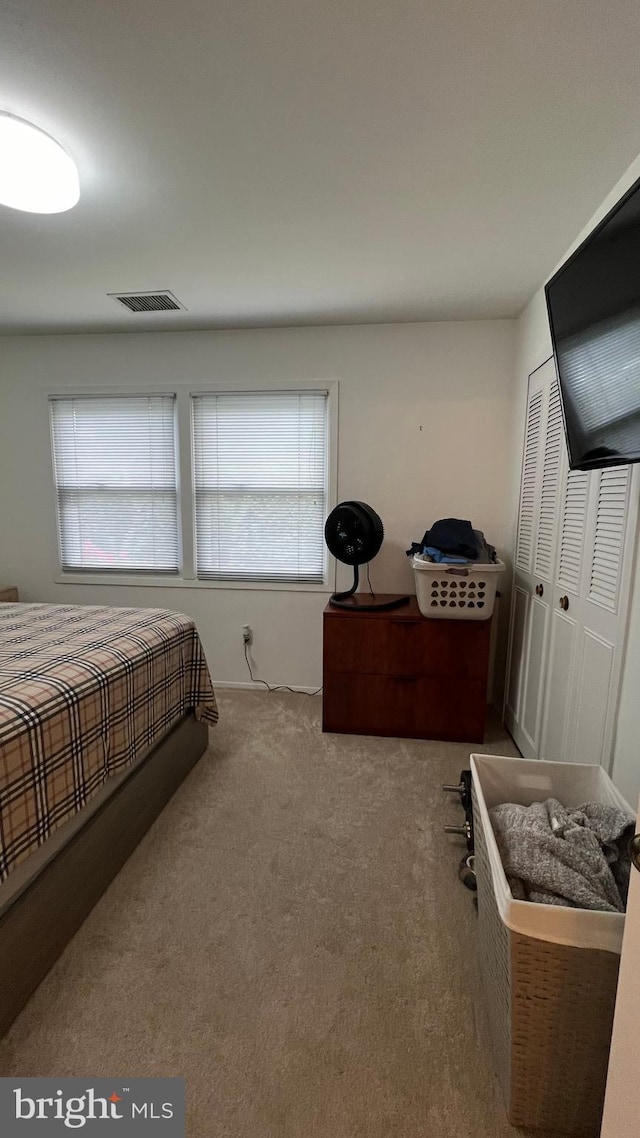 carpeted bedroom with a closet