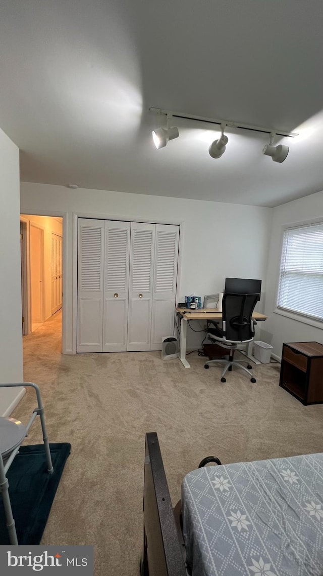 carpeted bedroom featuring rail lighting and a closet