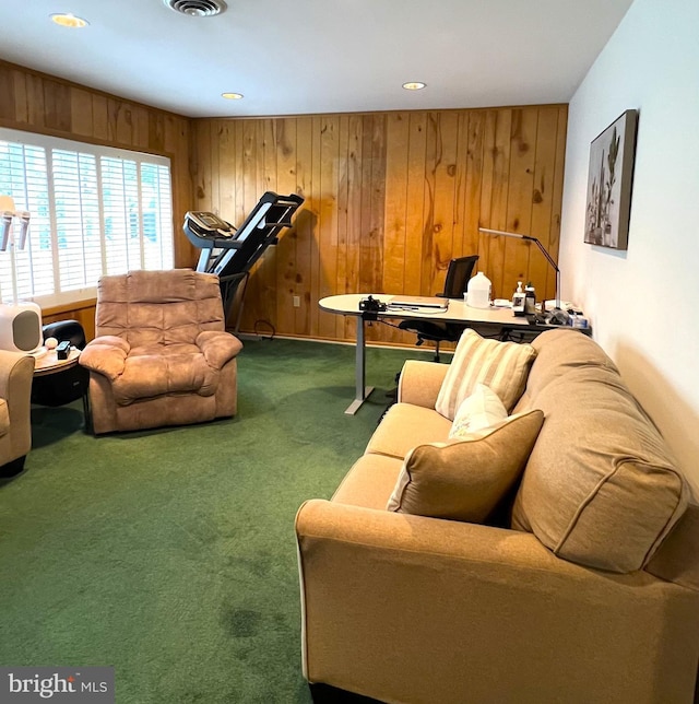 1007 Packton Ln, Bowie, MD 20716 - living room featuring carpet flooring, wooden walls, and recessed lighting