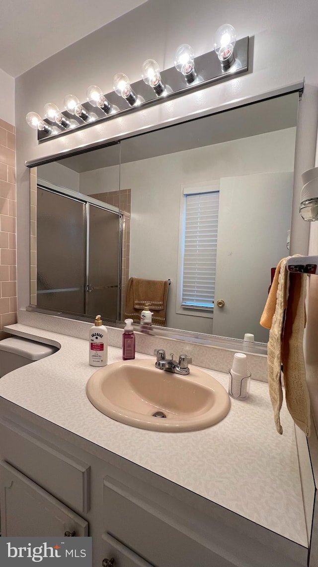 bathroom featuring a shower with door and vanity