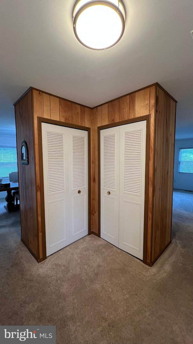 unfurnished bedroom featuring carpet flooring, wood walls, and a closet