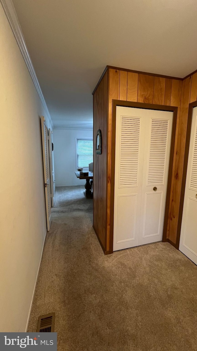 corridor with carpet, wooden walls, and crown molding