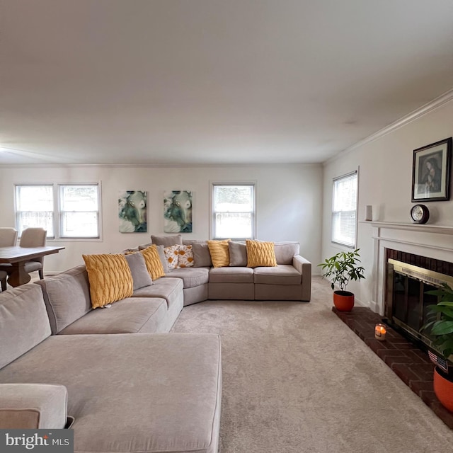 1007 Packton Ln, Bowie, MD 20716 - living room featuring carpet floors, a fireplace, and ornamental molding
