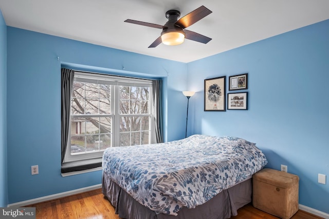 bedroom featuring ceiling fan and wood-type flooring