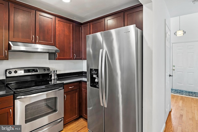 kitchen featuring hanging light fixtures, light hardwood / wood-style flooring, and stainless steel appliances