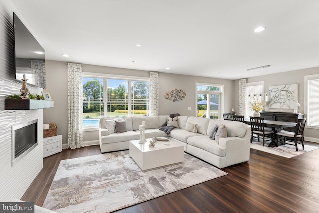 living room featuring a large fireplace, a wealth of natural light, and dark hardwood / wood-style flooring